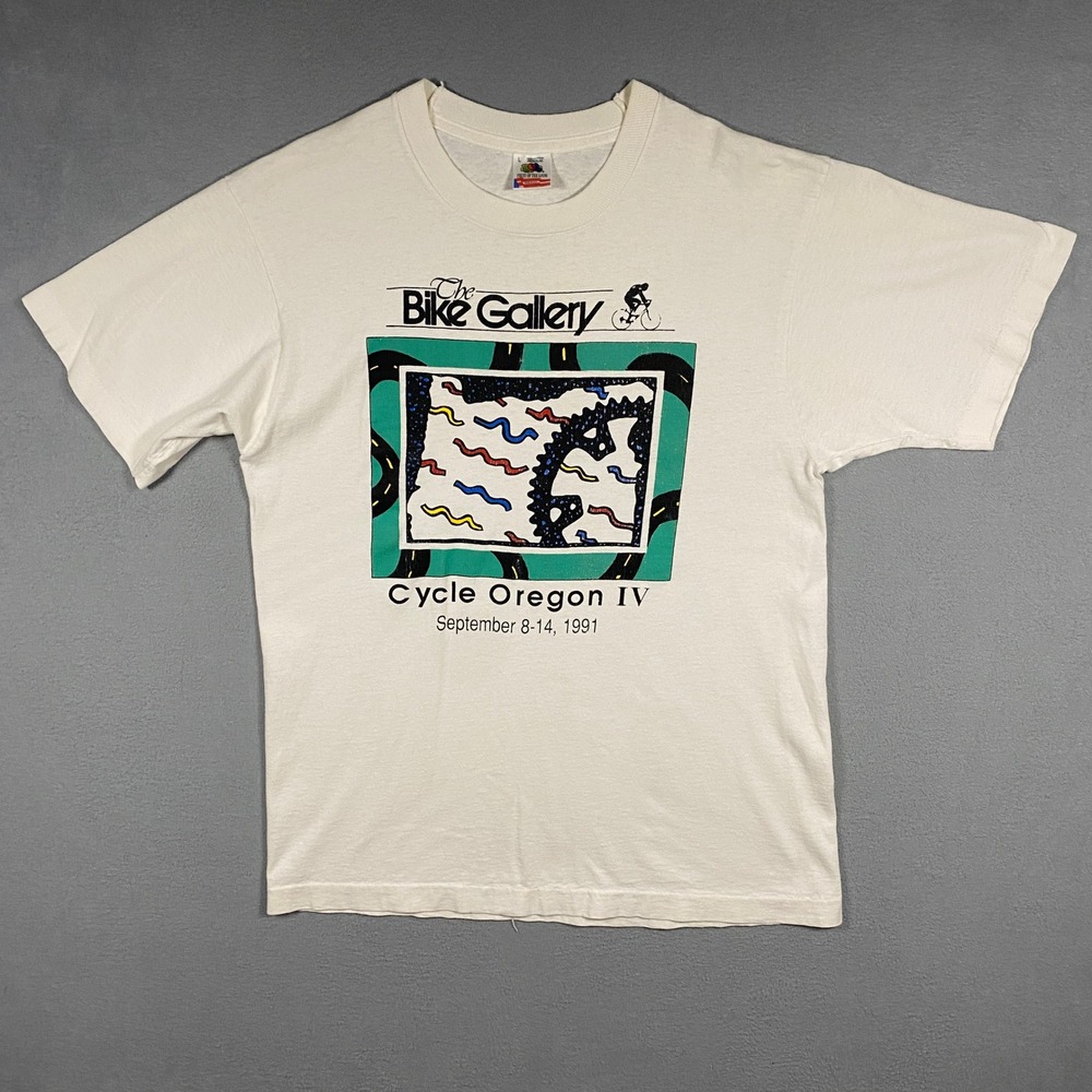 Vtg 90s Fruit of the Loom T-Shirt Mens L Cycle Oregon IV Bike Gallery Made USA